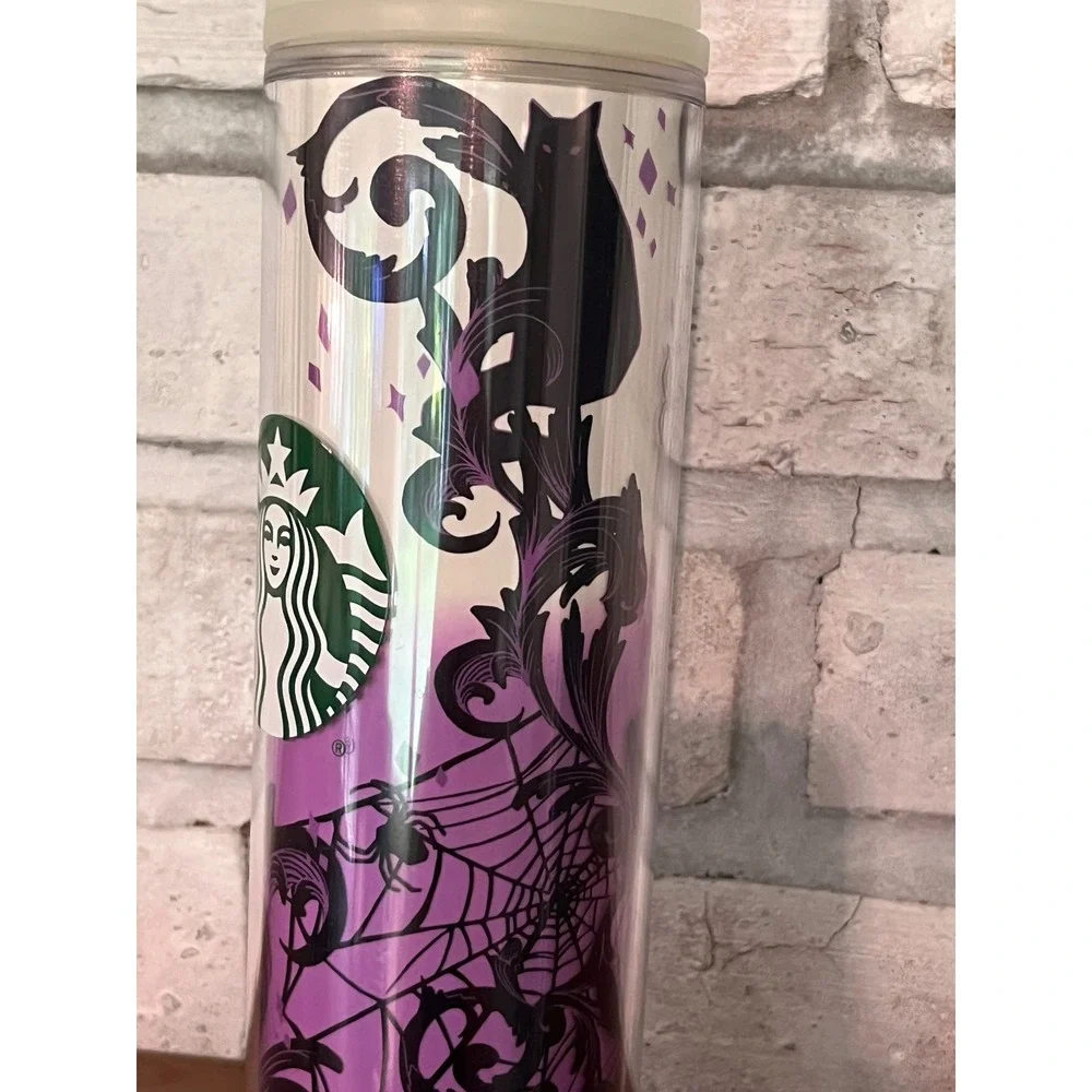 Starbucks 2021 Halloween‎ Tumbler Cup Black Purple Cat Spider Glow in the Dark